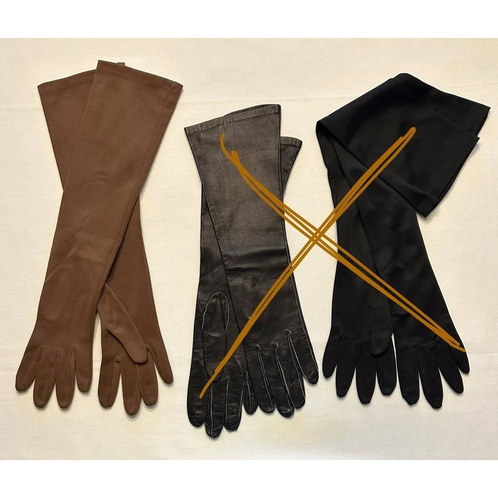 VTG Made in USA Stretch‎ Nylon DARK BROWN GLOVES Elbow Length OPERA THEATER M/L